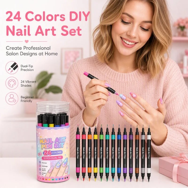 24 Colors Dual Ended Nail Art Pens Set – Quick Dry Nail Markers for Painting, DIY Manicure &amp; Nail Design