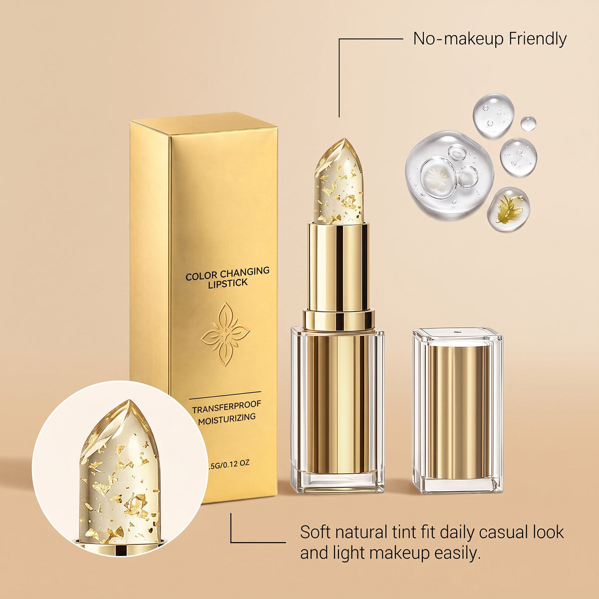 Color Changing Lipstick – PH Reactive Lip Gloss with Moisturizing Gold Foil, Long Lasting Lipstick for Women